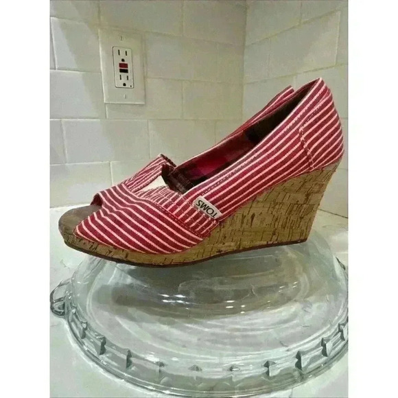 Women's Toms Heels Slip-on Wedges Peep Toe Canvas Red/White Stripes Size 6 - Picture 4 of 15